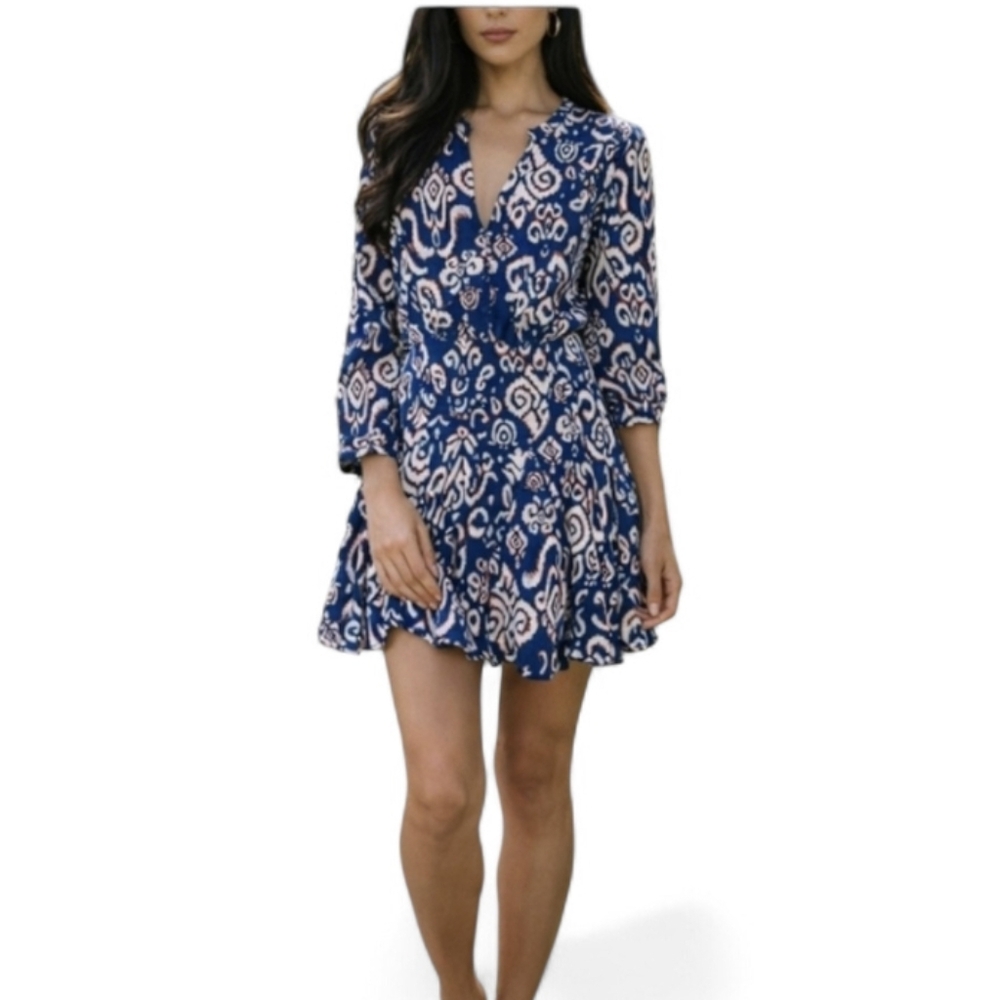 New Zara Dress Blue/ White/Red Print Button Bodice V Neck Fit & Flare NWT Sz S